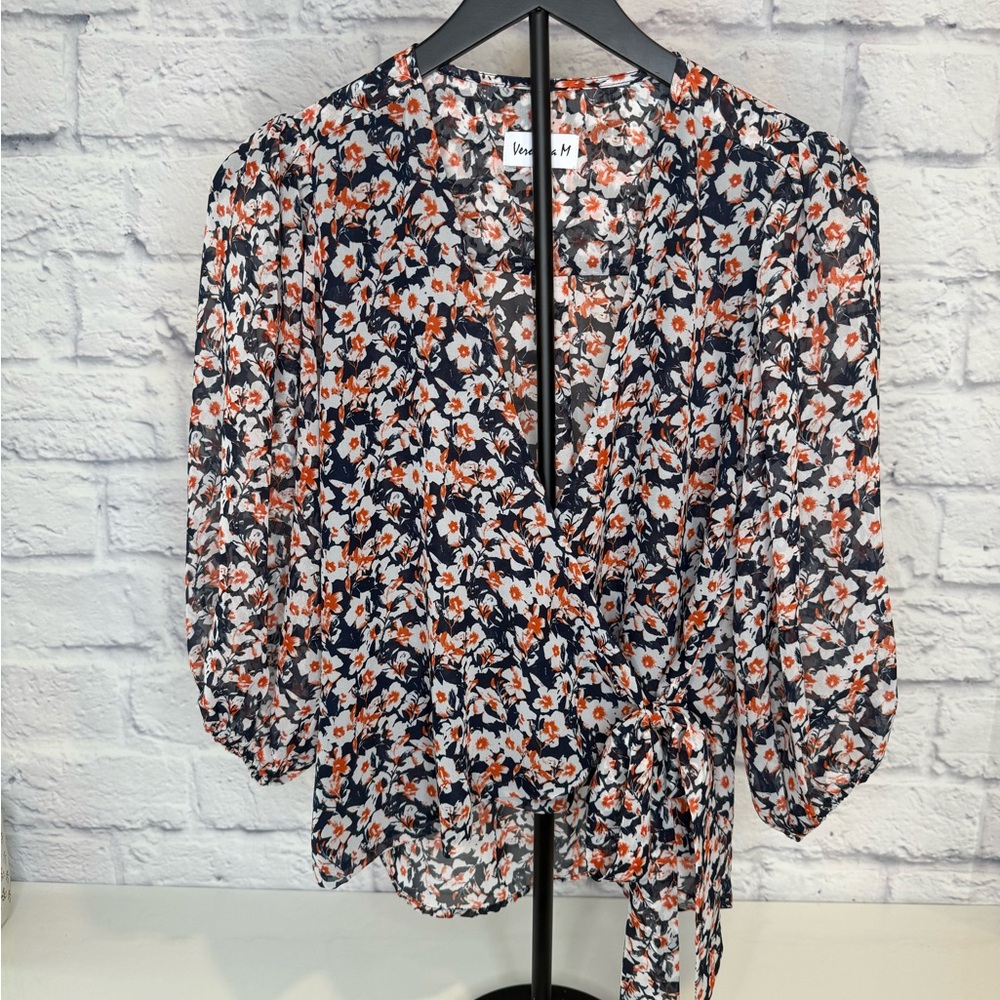 Veronica M Floral Wrap Blouse - Navy and Orange